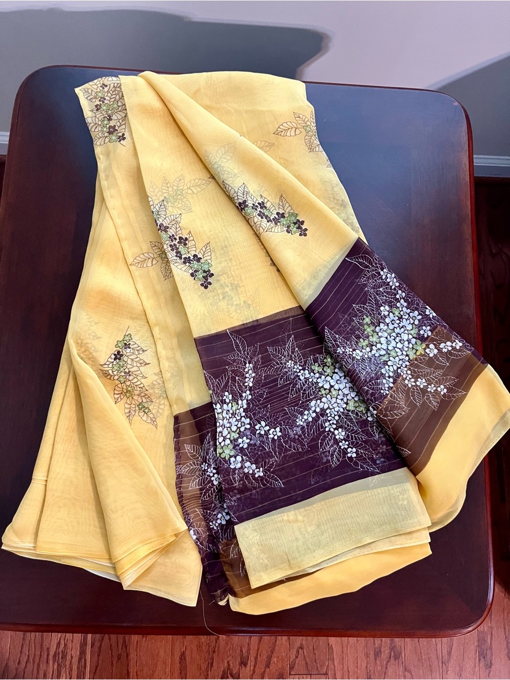 Soft Yellow Saree with Deep Brown Floral Border